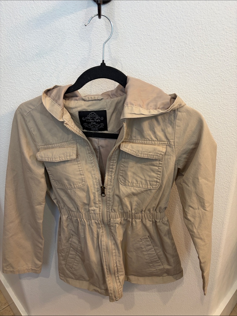 Girls Lightweight Beige Hooded Utility Jacket with Cinch Waist